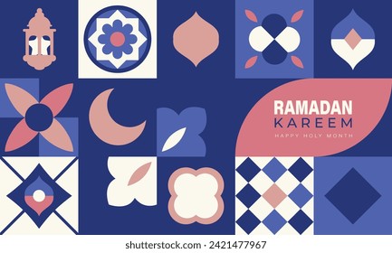 Islamic festival poster background design in flat geometric style, arabic calligraphy, crescent moon and lantern. Suitable for Ramadan Kareem , Hari Raya, Eid Mubarak, Eid al Adha.