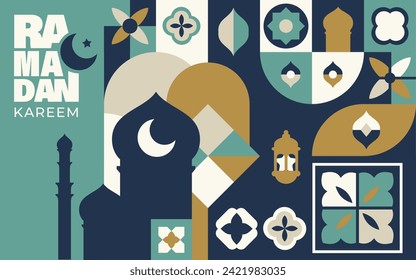 Das islamische Festival-Poster-Hintergrund-Design im flachen geometrischen Stil, arabische Kalligrafie, Crescent Mond und Laterne. Geeignet für Ramadan Kareem , Hari Raya, Eid Mubarak, Eid al Adha.