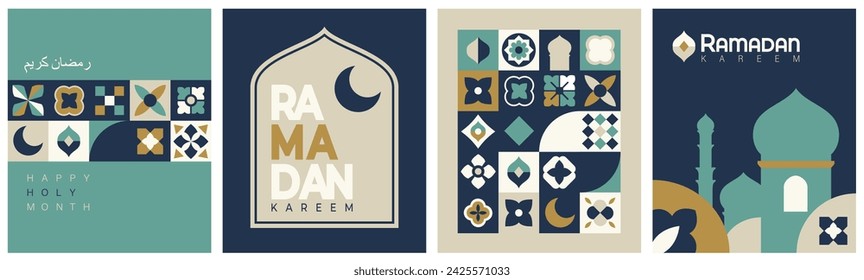 Diseño de fondo de cartel del festival islámico en estilo geométrico plano, caligrafía árabe, luna creciente y linterna. Adecuado para Ramadán Kareem , Hari Raya, Eid Mubarak, Eid al Adha.