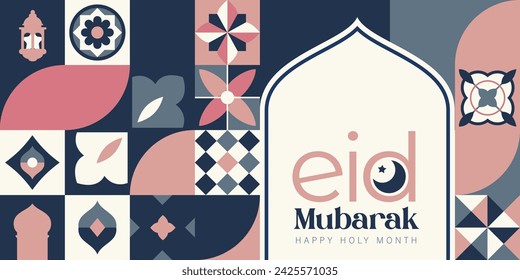 Islamic festival poster background design in flat geometric style, arabic calligraphy, crescent moon and lantern. Suitable for Ramadan Kareem , Hari Raya, Eid Mubarak, Eid al Adha.