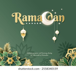 Islamic festival poster background design with flower, arabic calligraphy, crescent moon and lantern. Suitable for Ramadan Kareem , Hari Raya, Eid Mubarak, Eid al Adha.