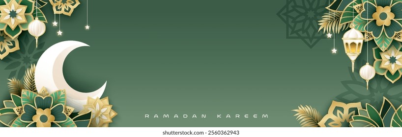 Islamic festival poster background design with flower, arabic calligraphy, crescent moon and lantern. Suitable for Ramadan Kareem, Hari Raya, Eid Mubarak, Eid al Adha.