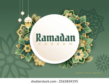 Islamic festival poster background design with flower, arabic calligraphy, crescent moon and lantern. Suitable for Ramadan Kareem, Hari Raya, Eid Mubarak, Eid al Adha.