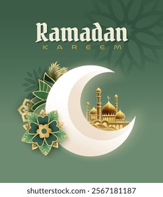 Islamic festival poster background design with flower, arabic calligraphy, crescent moon and lantern. Suitable for Ramadan Kareem, Hari Raya, Eid Mubarak, Eid al Adha.