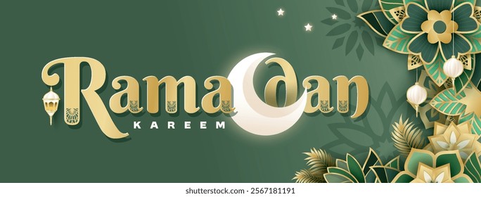 Islamic festival poster background design with flower, arabic calligraphy, crescent moon and lantern. Suitable for Ramadan Kareem, Hari Raya, Eid Mubarak, Eid al Adha.