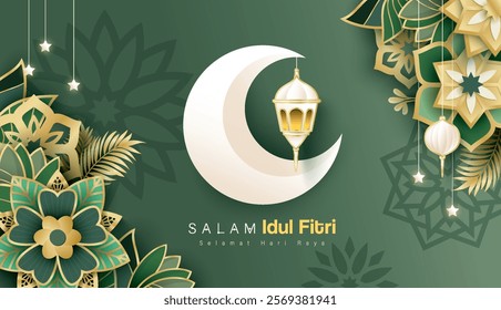 Islamic festival poster background design with flower, arabic calligraphy, crescent moon and lantern. Suitable for Ramadan Kareem, Hari Raya, Eid Mubarak, Eid al Adha.