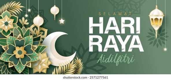 Islamic festival poster background design with flower, arabic calligraphy, crescent moon and lantern. Suitable for Ramadan Kareem, Hari Raya, Eid Mubarak, Eid al Adha.