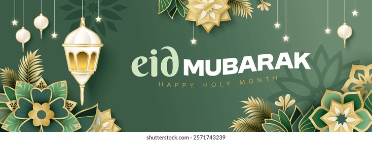 Islamic festival poster background design with flower, arabic calligraphy, crescent moon and lantern. Suitable for Ramadan Kareem, Hari Raya, Eid Mubarak, Eid al Adha.