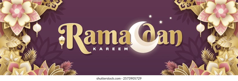 Islamic festival poster background design with flower, arabic calligraphy, crescent moon and lantern. Suitable for Ramadan Kareem, Hari Raya, Eid Mubarak, Eid al Adha.