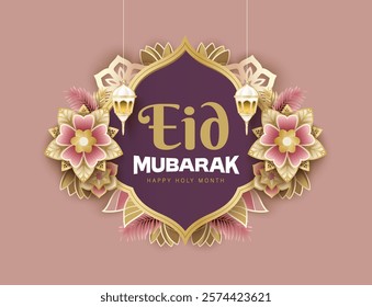 Islamic festival poster background design with flower, arabic calligraphy, crescent moon and lantern. Suitable for Ramadan Kareem, Hari Raya, Eid Mubarak, Eid al Adha.