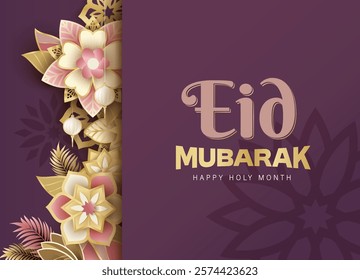 Islamic festival poster background design with flower, arabic calligraphy, crescent moon and lantern. Suitable for Ramadan Kareem, Hari Raya, Eid Mubarak, Eid al Adha.