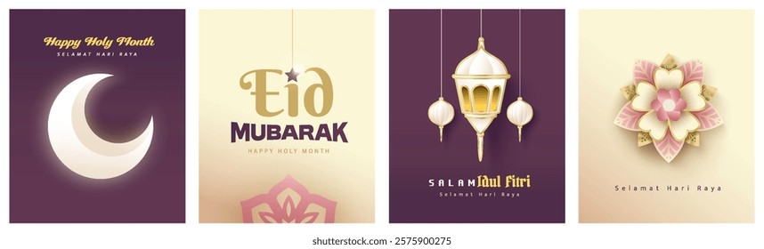 Islamic festival poster background design with flower, arabic calligraphy, crescent moon and lantern. Suitable for Ramadan Kareem, Hari Raya, Eid Mubarak, Eid al Adha.