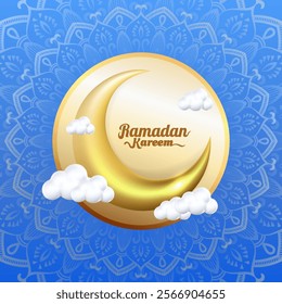 Islamic festival poster design featuring 3D cloud and crescent moon, perfect for Ramadan.