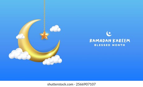 Islamic festival poster design featuring 3D cloud and crescent moon, perfect for Ramadan.