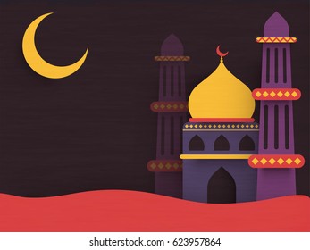 Islamic Festival, Ramadan Kareem background with colorful Mosque and Crescent Moon.