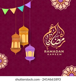 Islamic Festival Ramadan Kareem Elegance Card Design with Colorful Bunting Flag and Lantern Decorate on Dark Pink Floral Background.