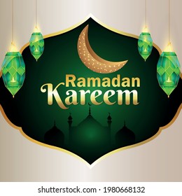 Islamic festival ramadan kareem greeting card with islamic lantern and moon