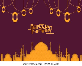 Islamic Festival of Ramadan Kareem Greeting Card Design with Silhouette Floral Mosque, Hanging Lanterns on Claret and Yellow Background.