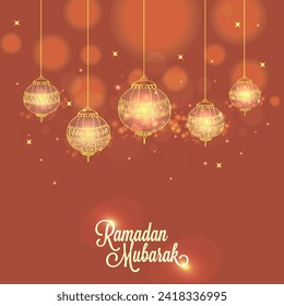 Islamic Festival of Ramadan Mubarak Greeting or Invitation Card Design with Glossy Golden Lit Lantern Decoration on Shiny Brown Backgorund.