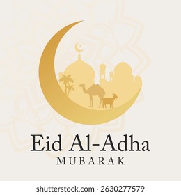 Islamic Festival of Sacrifice Banner Design, Eid al Adha Mubarak with Sacred Kaaba, Crescent Moon, Lanterns, Goats, and Camels. Vector Art for Holiday Cards and Promotions