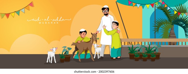 Festival Islámico de Sacrificar el Concepto con Familia, Padre e Hijos Musulmanes Emocionales y Atrapar el Puro antes de Sacrificar el Ritual. Concepto de Eid-Ul-Adha Mubarak. 