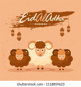 Islamic festival of sacrifice, Eid-Al-Adha vintage paper style concept with illustration of sheeps, hanging lanterns on brown background.