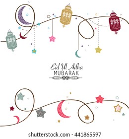 Islamic Festival of Sacrifice, Eid-Ul-Adha celebration greeting card.Eid Al Adha mubarak poster. Hanging colorful lantern vector illustration