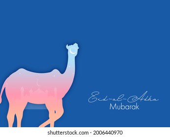 Islamic festival of sacrifice Eid-Ul-Adha Mubarak background with mosque and crescent moon inside camel illustration.