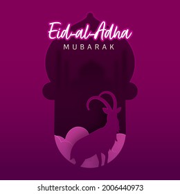 Islamic festival of sacrifice Eid-Ul-Adha Mubarak background with buck silhouette and mosque illustration.