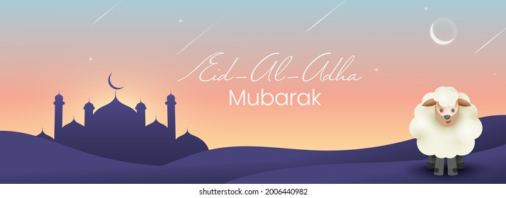 Islamic festival of sacrifice, Eid-Ul-Adha Mubarak banner with mosque silhouette, and sheep in evening background.
