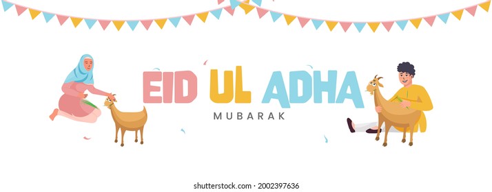 Islamic Festival of Sacrifice with Muslim Man and Woman Caress and Hugs Goat. Eid-Ul-Adha Mubarak Banner. 