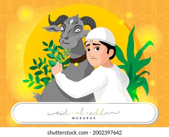Islamic Festival of Sacrifice with Muslim Young Boy Hugs Buck Before Sacrifice Ritual, Eid-Ul-Adha Mubarak Concept. 