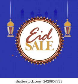 Islamic Festival Sale Poster Design with Eid Mubarak Message Mandala Frame, Silhouette Mosque and Hanging Lantern on Violet Background.