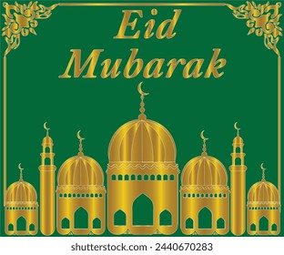 Festival Islámico. El guión deletrea, "Eid Mubarak” = Y dice, “Felices saludos de Eid”.