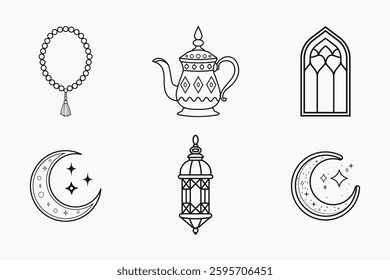 Islamic festival and traditional outline elements set in isolated flat line art vector illustration for Ramadan and Eid