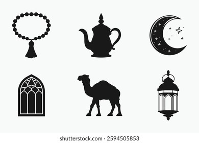 Islamic festival and traditional silhouette elements set in black and white isolated flat vector illustration for Ramadan and Eid