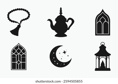 Islamic festival and traditional silhouette elements set in black and white isolated flat vector illustration for Ramadan and Eid