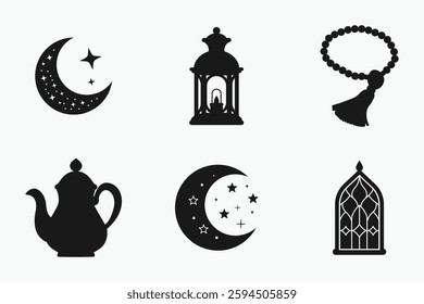 Islamic festival and traditional silhouette elements set in black and white isolated flat vector illustration for Ramadan and Eid