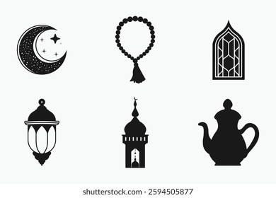Islamic festival and traditional silhouette elements set in black and white isolated flat vector illustration for Ramadan and Eid