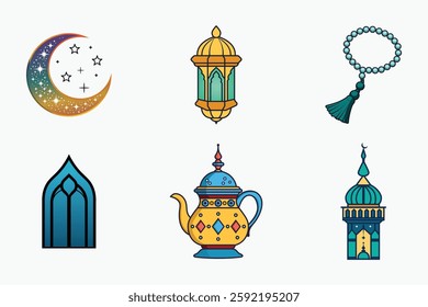Islamic festival and traditional vector elements set in colorful flat isolated illustration for ramadan and eid