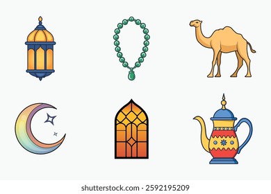Islamic festival and traditional vector elements set in colorful flat isolated illustration for ramadan and eid
