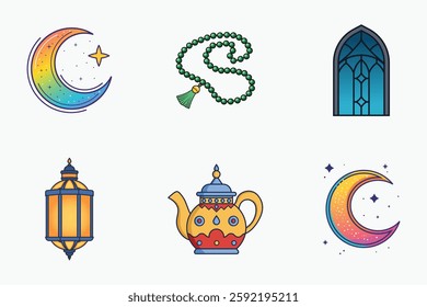 Islamic festival and traditional vector elements set in colorful flat isolated illustration for ramadan and eid