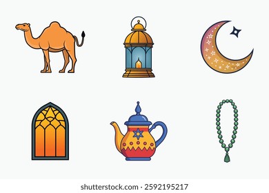 Islamic festival and traditional vector elements set in colorful flat isolated illustration for ramadan and eid