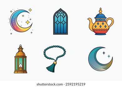 Islamic festival and traditional vector elements set in colorful flat isolated illustration for ramadan and eid