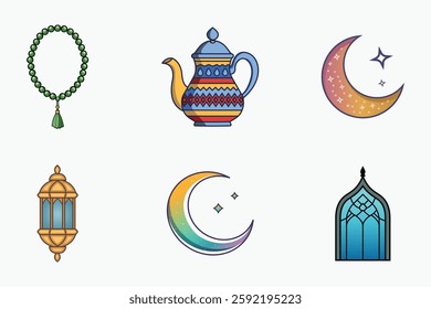 Islamic festival and traditional vector elements set in colorful flat isolated illustration for ramadan and eid