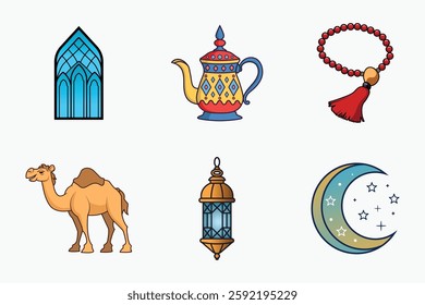 Islamic festival and traditional vector elements set in colorful flat isolated illustration for ramadan and eid