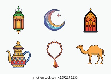 Islamic festival and traditional vector elements set in colorful flat isolated illustration for ramadan and eid