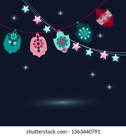 Islamic festive background with garlands, lanterns, and highlights. Night starry sky. Great for lettering, Muslim holidays Ramadan, Eid al adha, eid al fitr, night of power, night of predestination 1
