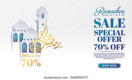 Islamic Festive Background with Mosque Paper Cut and Arabic Calligraphy