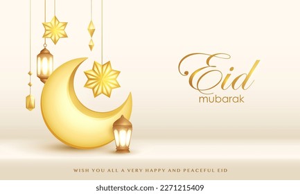 Islamic festive holiday design - Eid Mubarak. Crescent moon with star, lanterns and hanging decorations on 3D background.